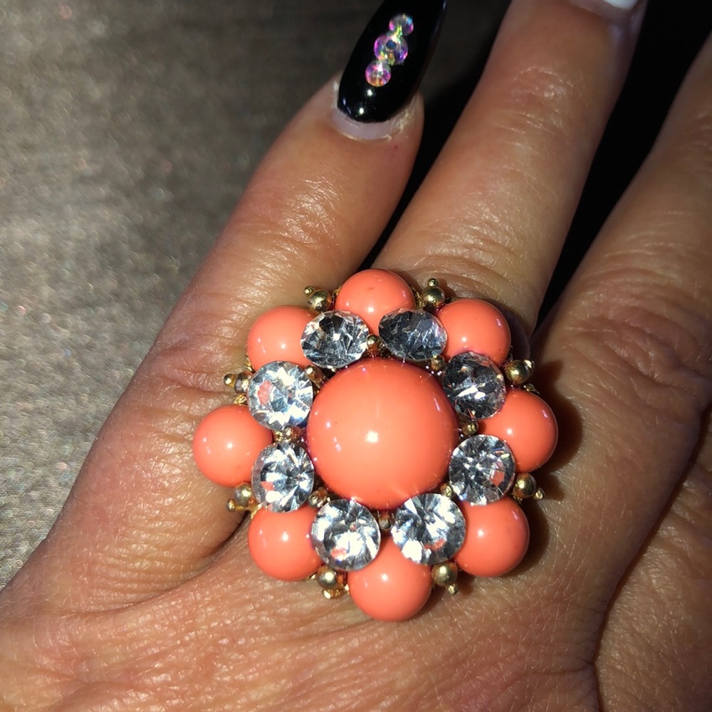 Coral rhinestone statement ring